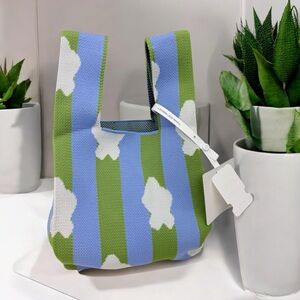 NWT Green Blue Strip Compact Stylish Essentials Handheld Bag